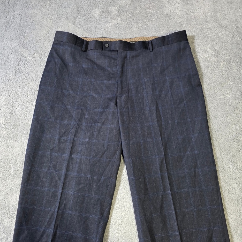 Cosani Mens 38x32 Dress Pants Navy Blue Windowpane Plaid Wool Blend Slacks
